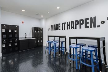 Maker space with project tables and tool lockers